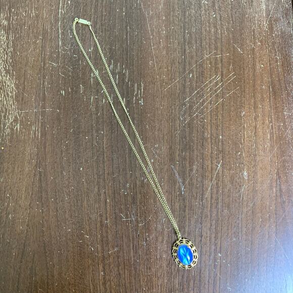 Vintage Jewelry - Vintage Germany Genuine Blue star glass cabochon gold filigree pendant necklace